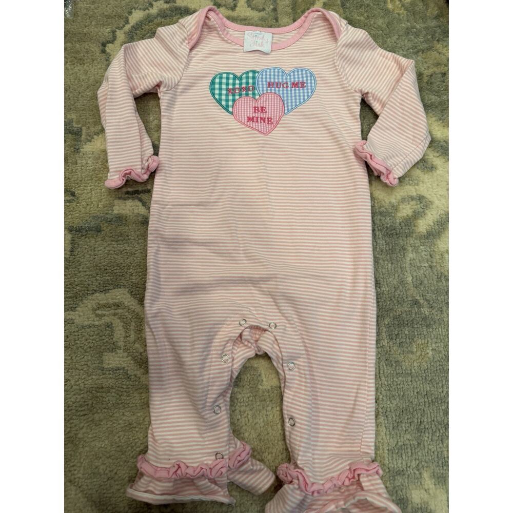 Stitchy Fish Valentines Day Appliqué Pink Romper 12-18 Months EUC